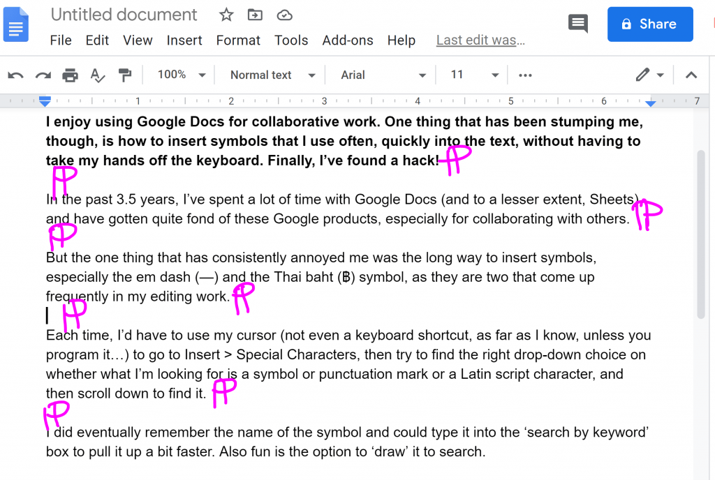 A Google Doc with two newlines between paragraphs