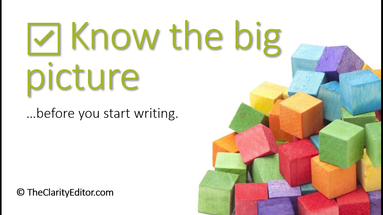 Know the big picture before you start writing, with image of a jumbled stack of blocks