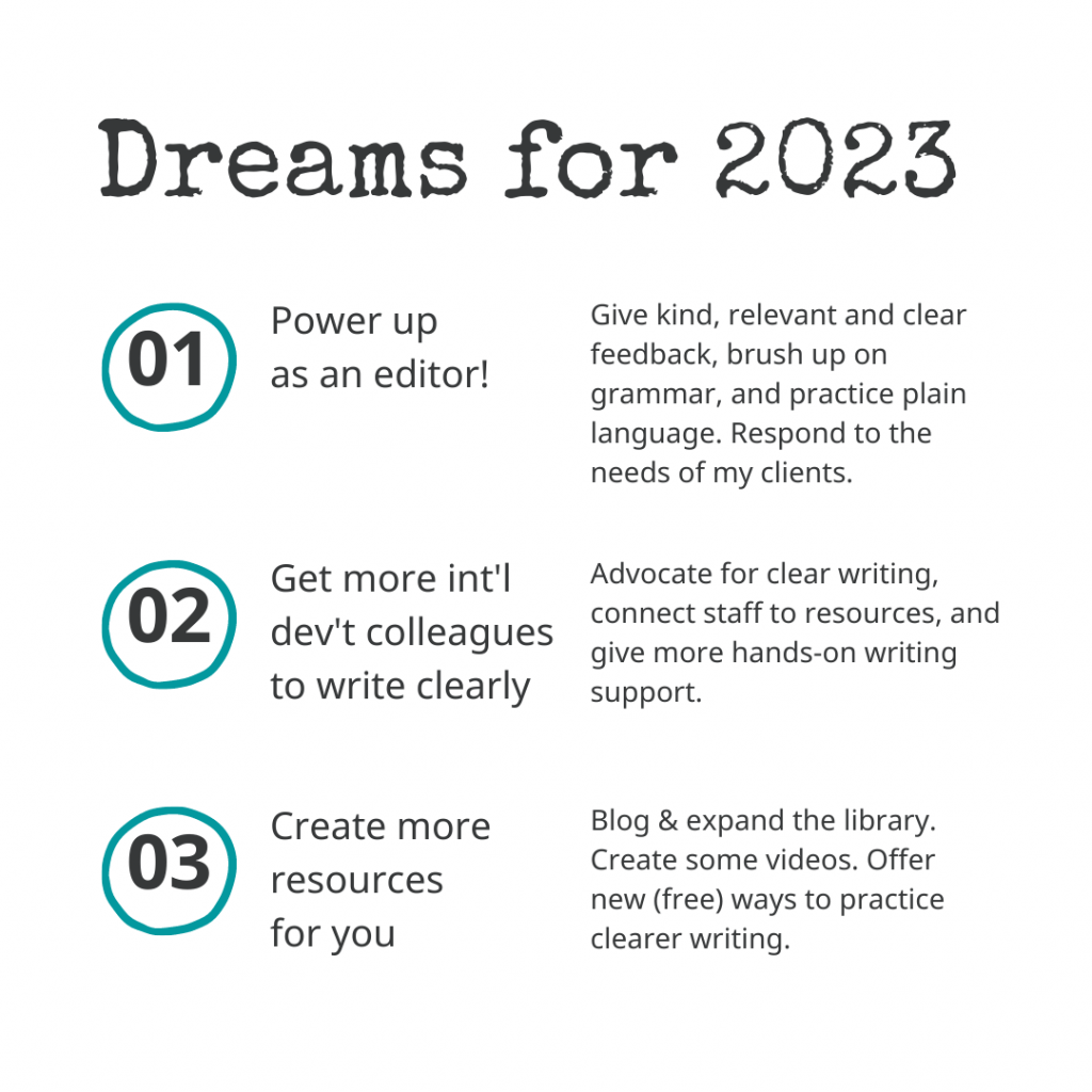 (1) Power up as an editor: Give kind, relevant & clear feedback, brush up on grammar, and practice plain language. Respond to the needs of my clients. 
(2) Get more international development colleagues to write clearly. Advocate for clear writing, connect staff to resources, and give more hands-on writing support.
(3) Create more resources
for you. Blog and expand the library. Create some videos. Offer new (free) ways to practice clearer writing. 