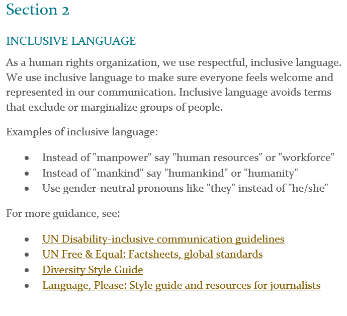 Screenshot of a Word doc with H1 and H2 headings and example text on inclusive language. It starts "As a human rights organization, we use respectful, inclusive language" and goes on to give a few examples in a bullet list. A list of resources follows, and users are told to explore those for more guidance.