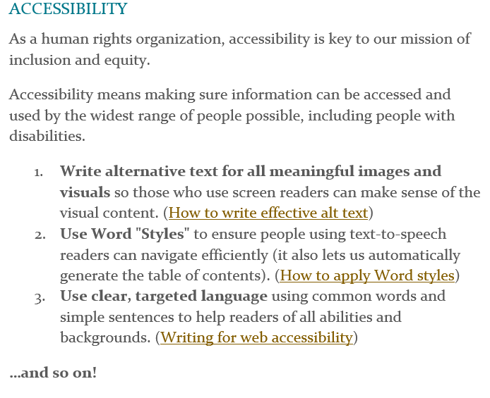 Screenshot of Word document with "Accessibility" as H1 heading, followed by example text of why accessibility is important to the organization, what accessibility means, and specific tips like "write alternative text for all meaningful images and visuals" with links to further instructions.